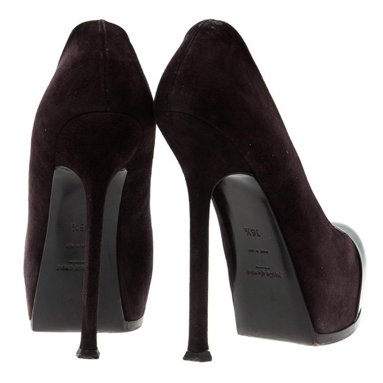Pre Owned Saint Laurent Paris Deep Purple Suede And Patent Leather Cap Toe Tribtoo Platform Pumps Size 36.5