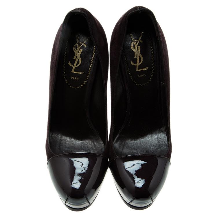 Pre Owned Saint Laurent Paris Deep Purple Suede And Patent Leather Cap Toe Tribtoo Platform Pumps Size 36.5
