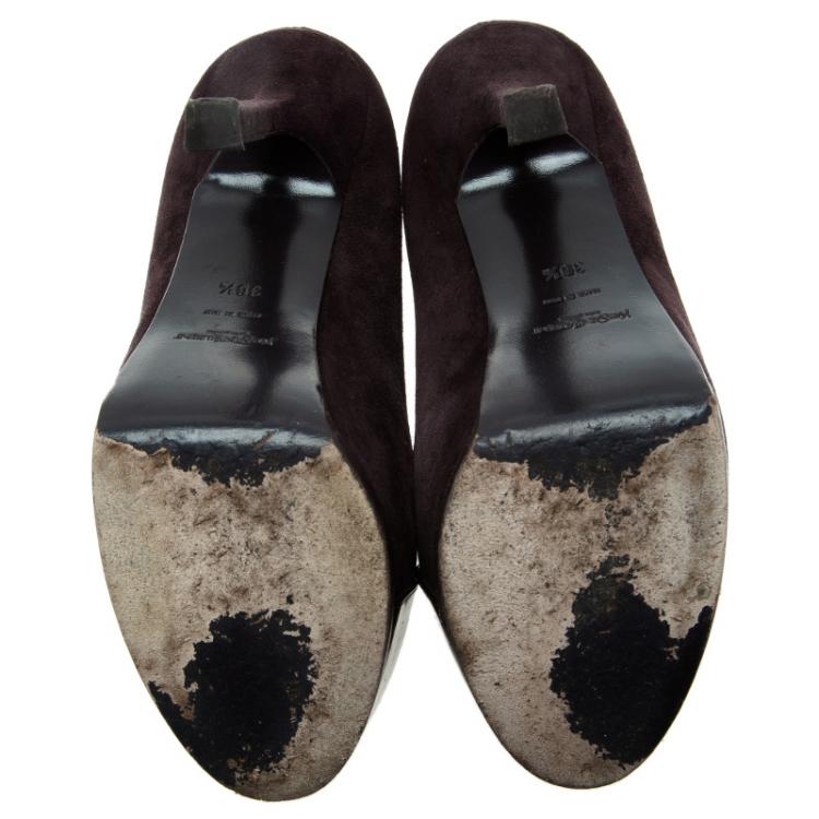Pre Owned Saint Laurent Paris Deep Purple Suede And Patent Leather Cap Toe Tribtoo Platform Pumps Size 36.5