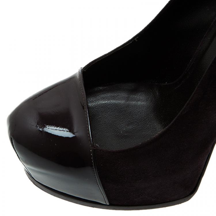 Pre Owned Saint Laurent Paris Deep Purple Suede And Patent Leather Cap Toe Tribtoo Platform Pumps Size 36.5