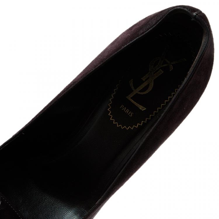 Pre Owned Saint Laurent Paris Deep Purple Suede And Patent Leather Cap Toe Tribtoo Platform Pumps Size 36.5