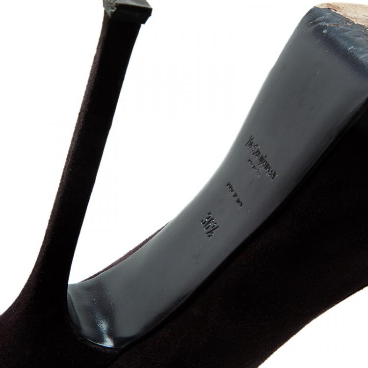 Pre Owned Saint Laurent Paris Deep Purple Suede And Patent Leather Cap Toe Tribtoo Platform Pumps Size 36.5