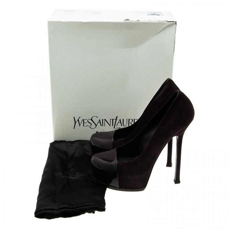Pre Owned Saint Laurent Paris Deep Purple Suede And Patent Leather Cap Toe Tribtoo Platform Pumps Size 36.5