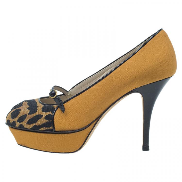 Pre Owned Saint Laurent Paris Brown Leopard Canvas Mary Jane Tribute Platform Pumps Size 36.5