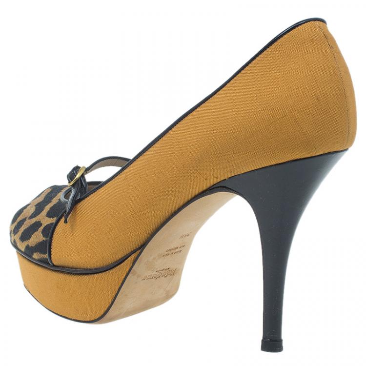 Pre Owned Saint Laurent Paris Brown Leopard Canvas Mary Jane Tribute Platform Pumps Size 36.5