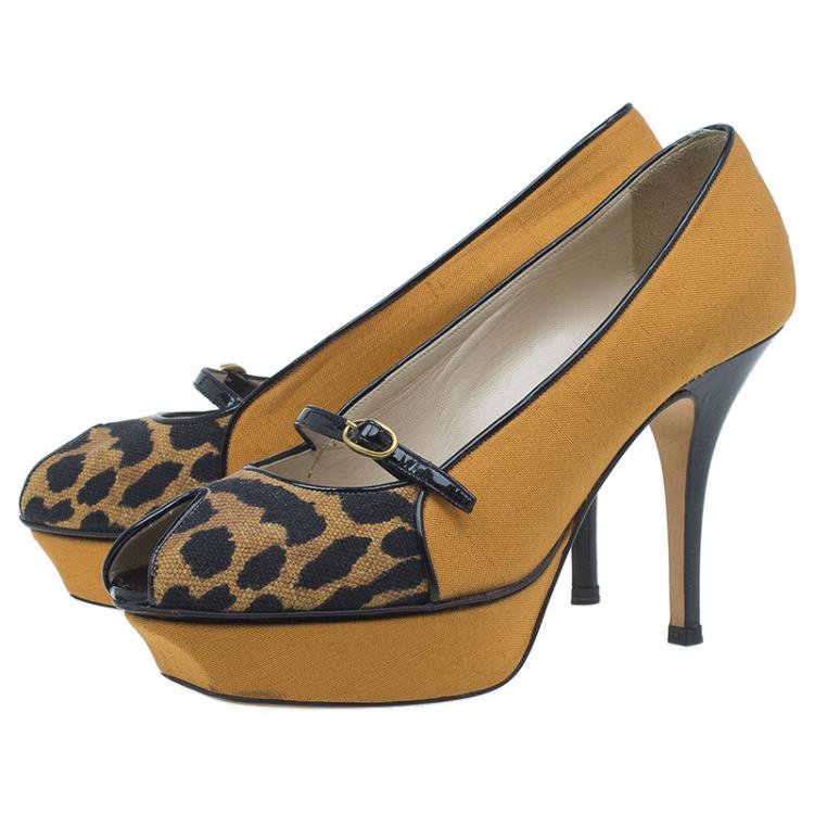 Pre Owned Saint Laurent Paris Brown Leopard Canvas Mary Jane Tribute Platform Pumps Size 36.5