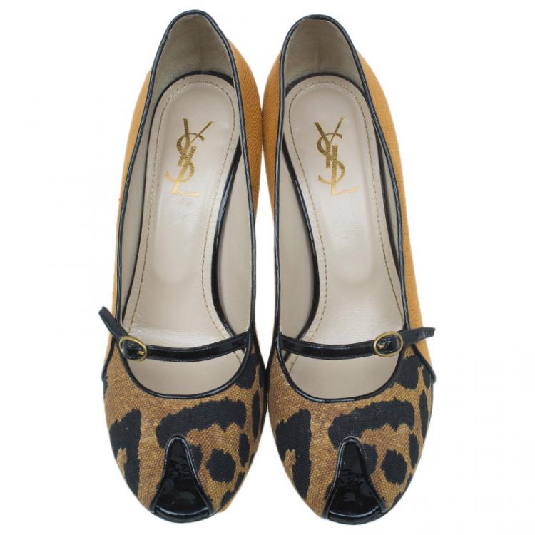 Pre Owned Saint Laurent Paris Brown Leopard Canvas Mary Jane Tribute Platform Pumps Size 36.5