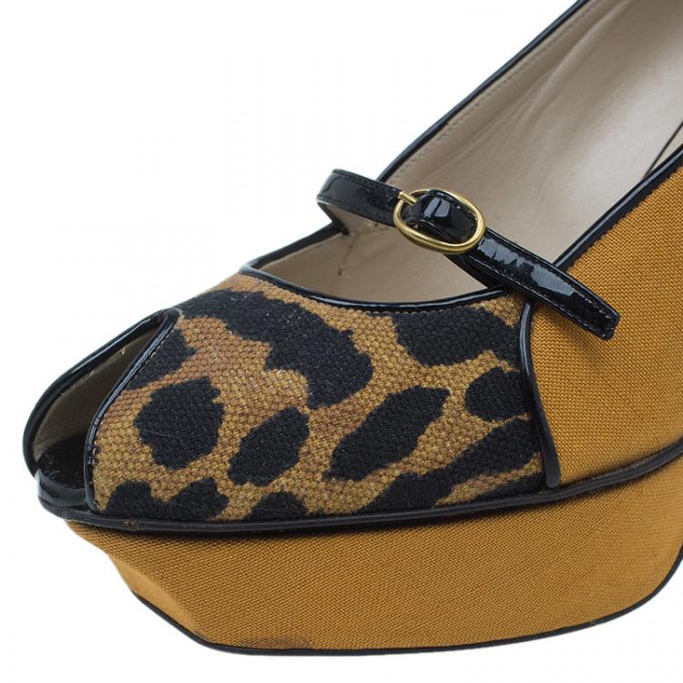 Pre Owned Saint Laurent Paris Brown Leopard Canvas Mary Jane Tribute Platform Pumps Size 36.5