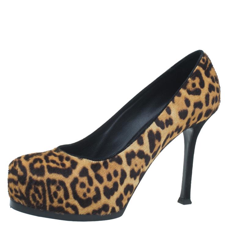 Pre Owned Saint Laurent Paris Leopard Pony Hair Tribtoo Platform Pumps Size 36.5
