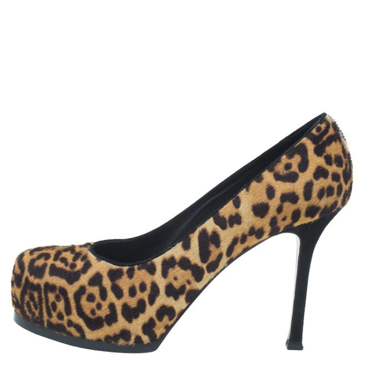 Pre Owned Saint Laurent Paris Leopard Pony Hair Tribtoo Platform Pumps Size 36.5