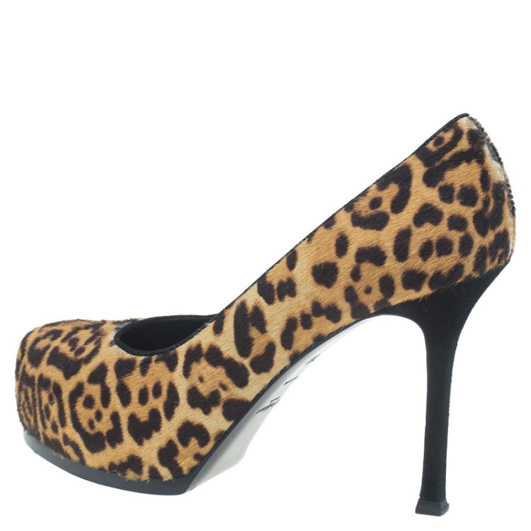 Pre Owned Saint Laurent Paris Leopard Pony Hair Tribtoo Platform Pumps Size 36.5