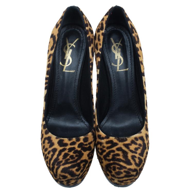 Pre Owned Saint Laurent Paris Leopard Pony Hair Tribtoo Platform Pumps Size 36.5