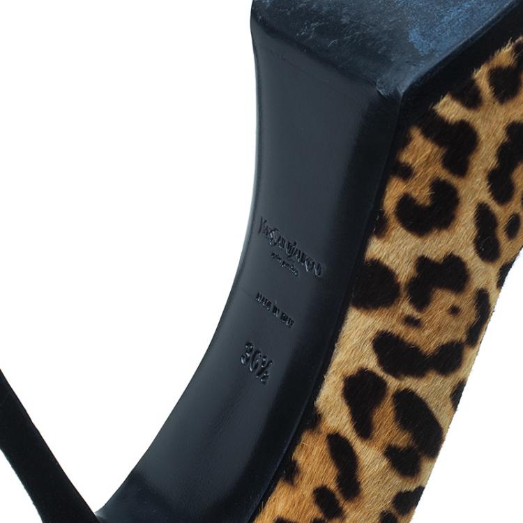 Pre Owned Saint Laurent Paris Leopard Pony Hair Tribtoo Platform Pumps Size 36.5