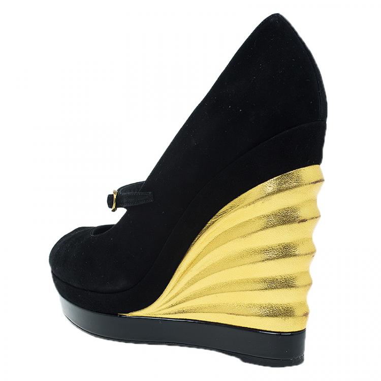 Pre Owned Saint Laurent Paris Black and Gold Suede Robyn Wedge Pumps Size 37.5