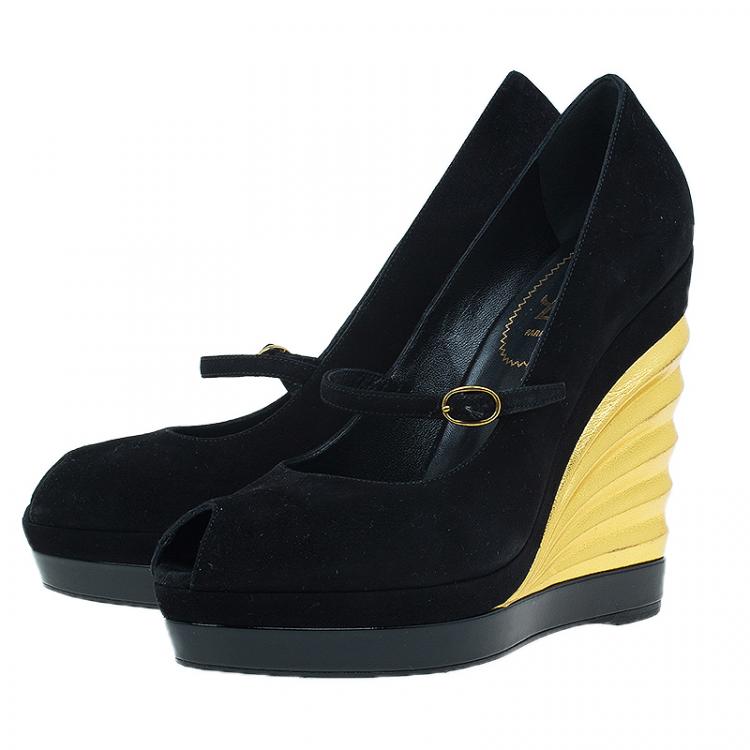 Pre Owned Saint Laurent Paris Black and Gold Suede Robyn Wedge Pumps Size 37.5