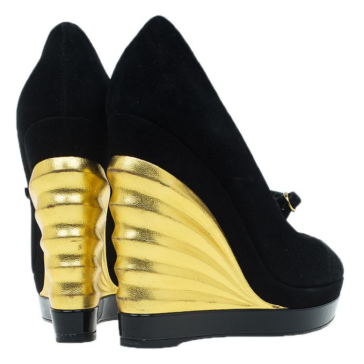 Pre Owned Saint Laurent Paris Black and Gold Suede Robyn Wedge Pumps Size 37.5