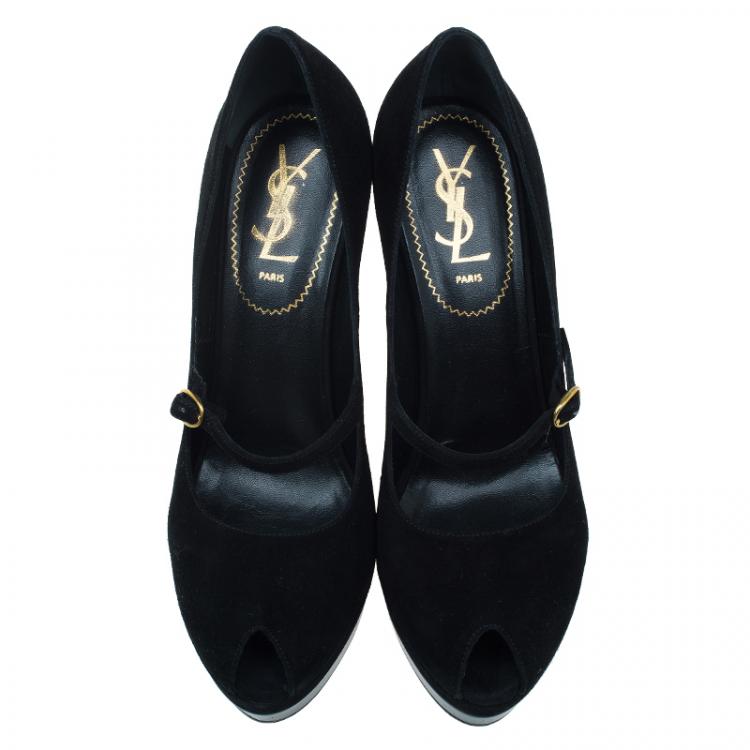 Pre Owned Saint Laurent Paris Black and Gold Suede Robyn Wedge Pumps Size 37.5