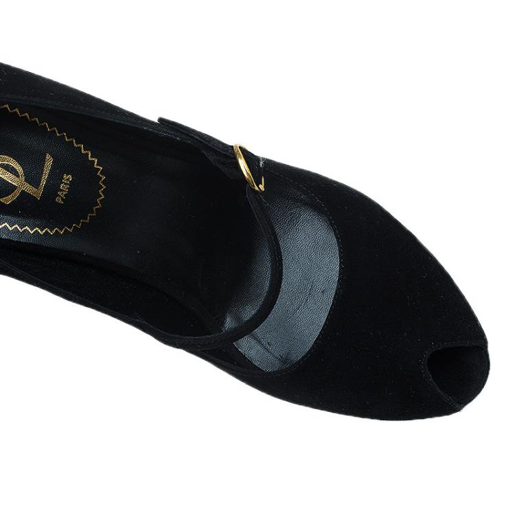 Pre Owned Saint Laurent Paris Black and Gold Suede Robyn Wedge Pumps Size 37.5