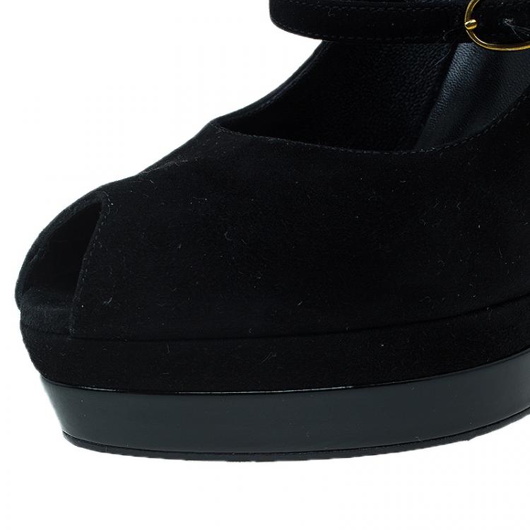 Pre Owned Saint Laurent Paris Black and Gold Suede Robyn Wedge Pumps Size 37.5