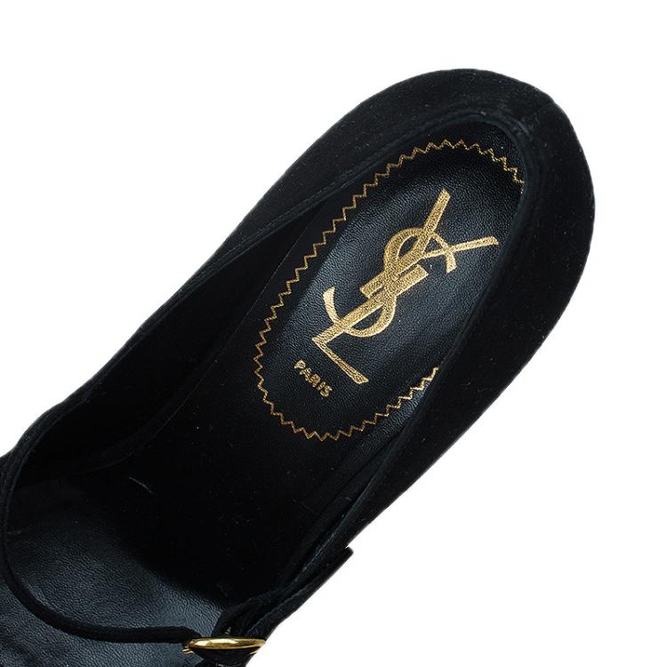 Pre Owned Saint Laurent Paris Black and Gold Suede Robyn Wedge Pumps Size 37.5
