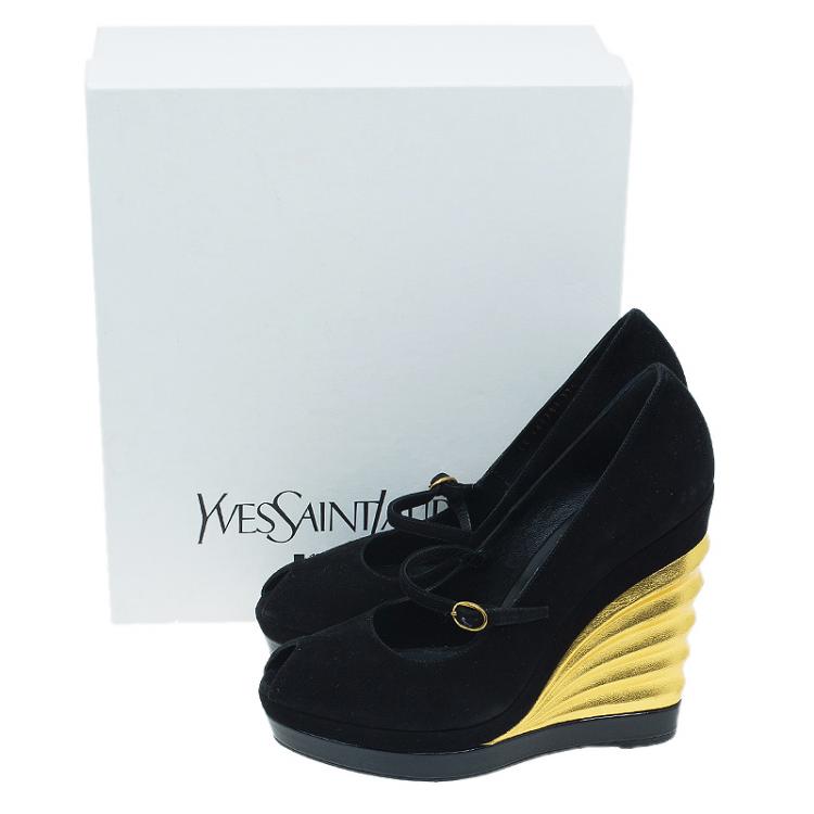 Pre Owned Saint Laurent Paris Black and Gold Suede Robyn Wedge Pumps Size 37.5