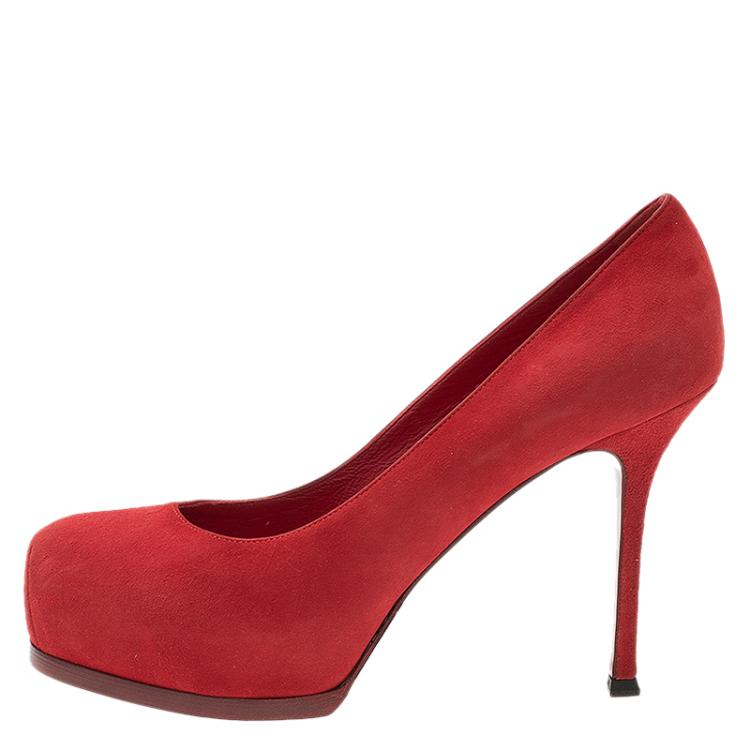 Pre Owned Saint Laurent Paris Red Suede Tribtoo Platform Pumps Size 39