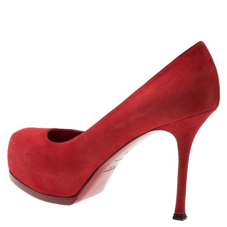 Pre Owned Saint Laurent Paris Red Suede Tribtoo Platform Pumps Size 39