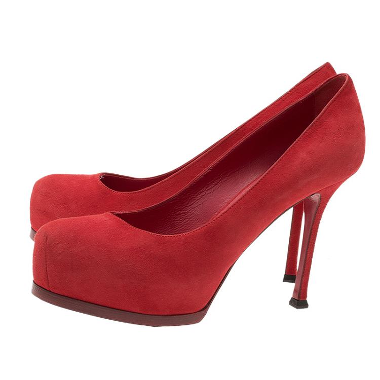 Pre Owned Saint Laurent Paris Red Suede Tribtoo Platform Pumps Size 39