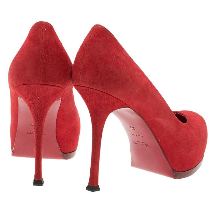 Pre Owned Saint Laurent Paris Red Suede Tribtoo Platform Pumps Size 39