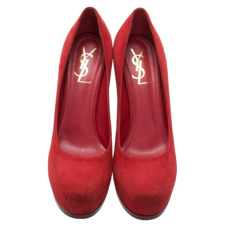 Pre Owned Saint Laurent Paris Red Suede Tribtoo Platform Pumps Size 39
