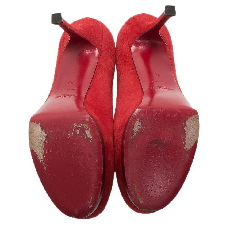 Pre Owned Saint Laurent Paris Red Suede Tribtoo Platform Pumps Size 39