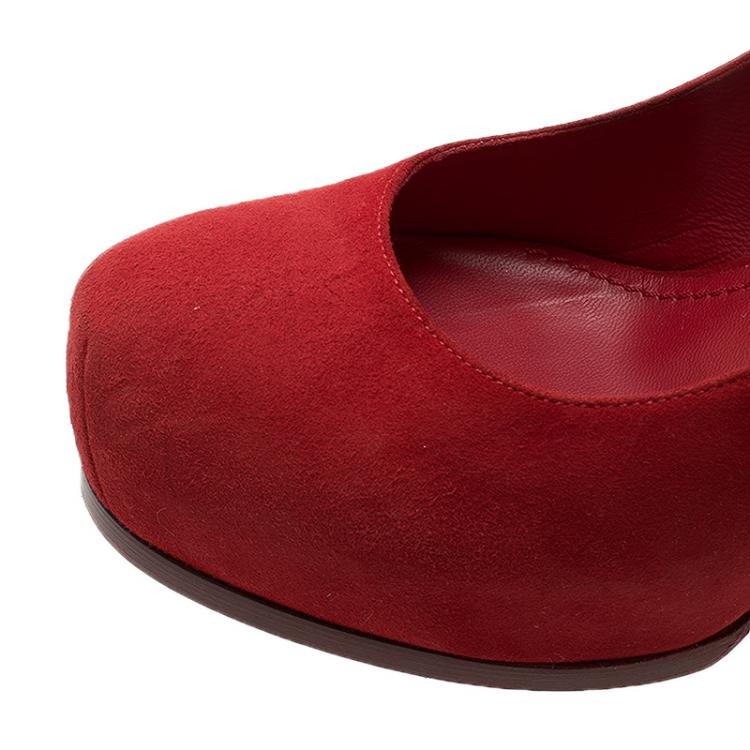 Pre Owned Saint Laurent Paris Red Suede Tribtoo Platform Pumps Size 39