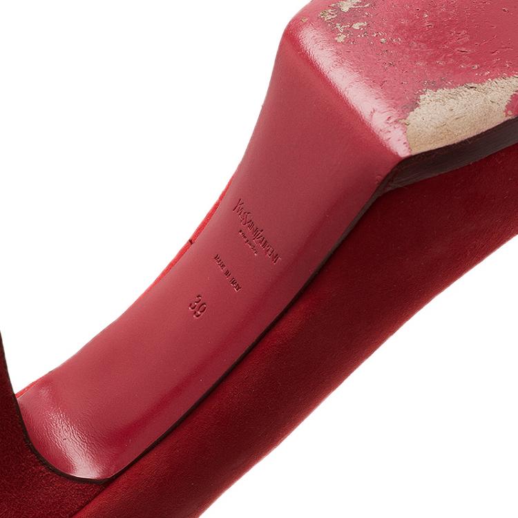 Pre Owned Saint Laurent Paris Red Suede Tribtoo Platform Pumps Size 39
