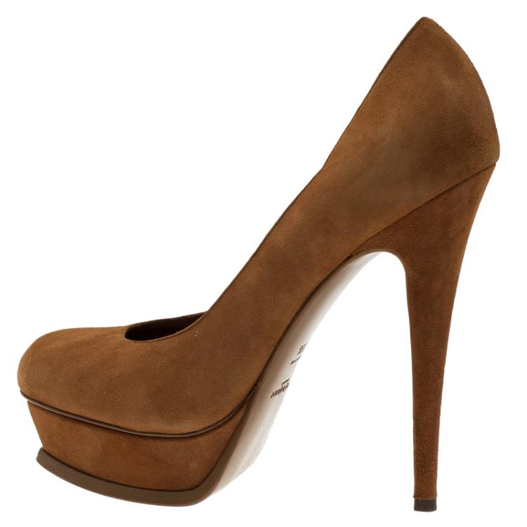 Pre Owned Saint Laurent Paris Brown Suede Palais Platform Pumps Size 39.5