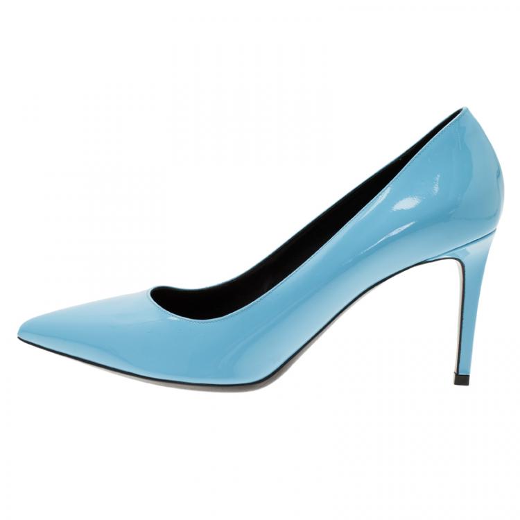 Pre Owned Saint Laurent Paris Blue Patent Skinny Pointed Toe Pumps Size 40