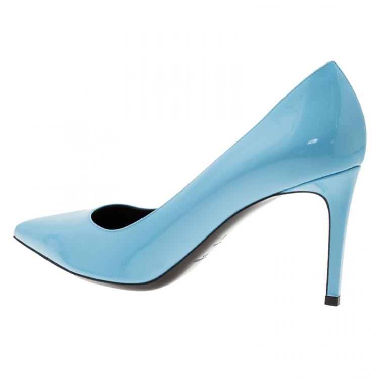 Pre Owned Saint Laurent Paris Blue Patent Skinny Pointed Toe Pumps Size 40