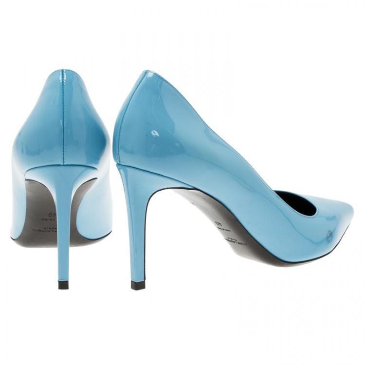 Pre Owned Saint Laurent Paris Blue Patent Skinny Pointed Toe Pumps Size 40