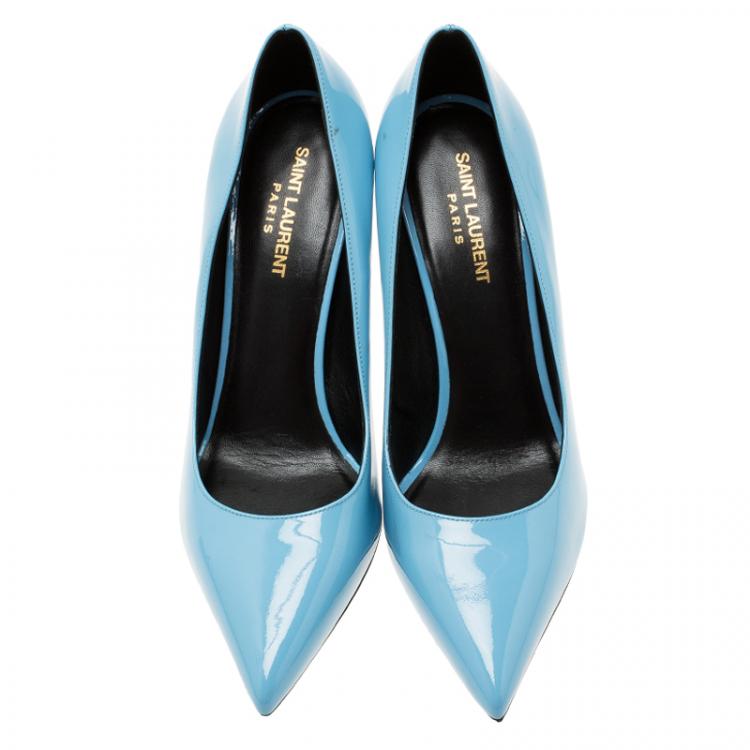 Pre Owned Saint Laurent Paris Blue Patent Skinny Pointed Toe Pumps Size 40