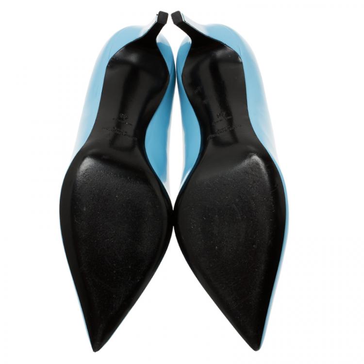 Pre Owned Saint Laurent Paris Blue Patent Skinny Pointed Toe Pumps Size 40