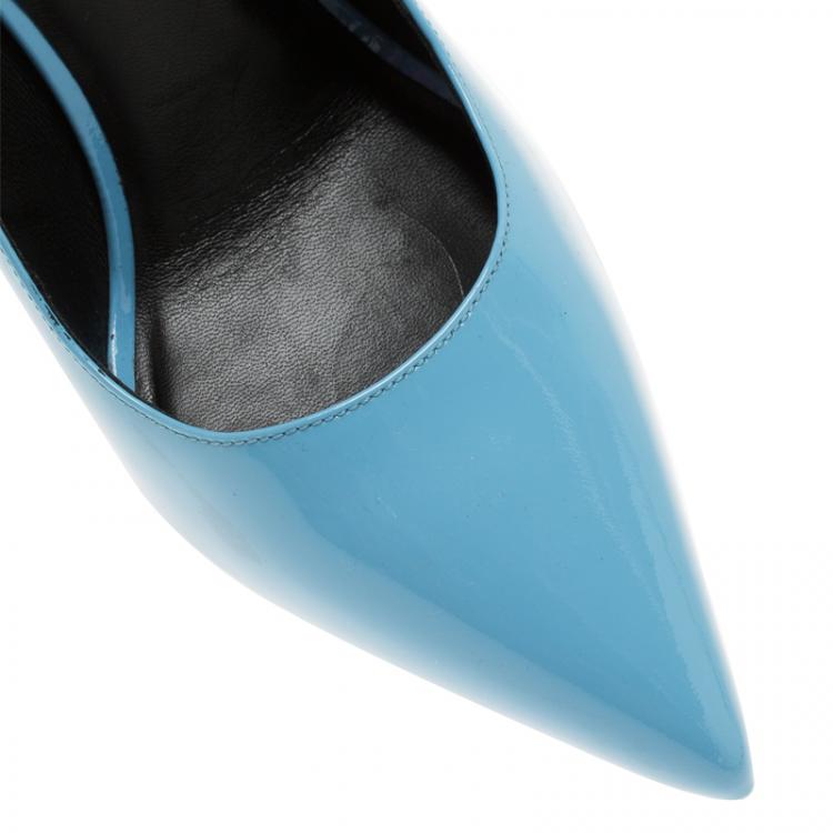 Pre Owned Saint Laurent Paris Blue Patent Skinny Pointed Toe Pumps Size 40