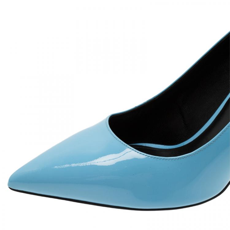 Pre Owned Saint Laurent Paris Blue Patent Skinny Pointed Toe Pumps Size 40