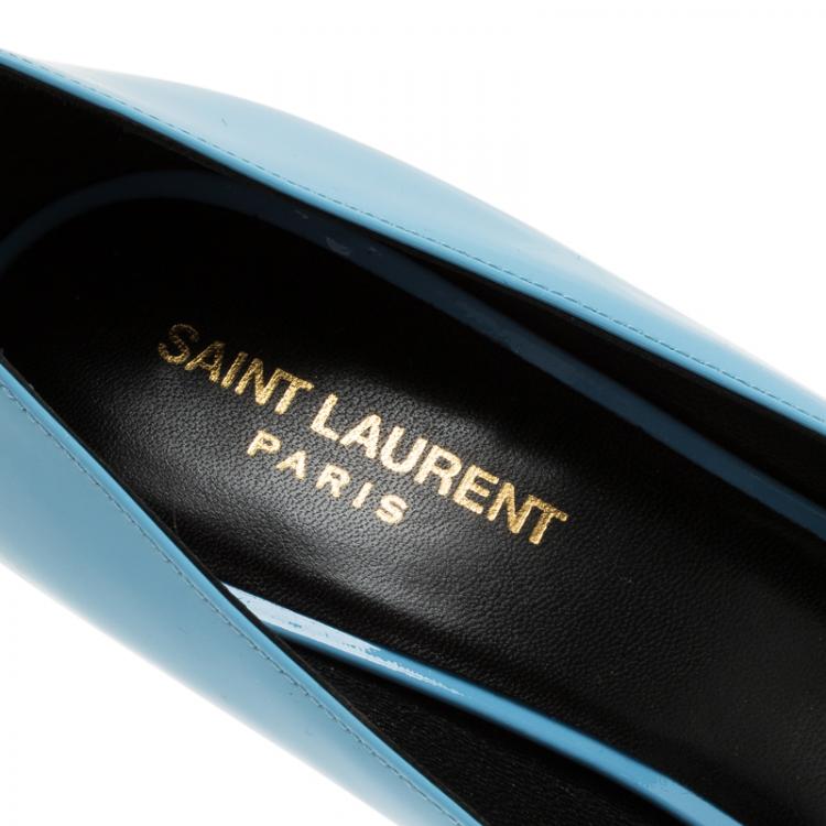 Pre Owned Saint Laurent Paris Blue Patent Skinny Pointed Toe Pumps Size 40