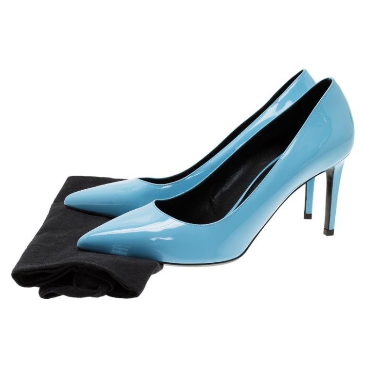 Pre Owned Saint Laurent Paris Blue Patent Skinny Pointed Toe Pumps Size 40