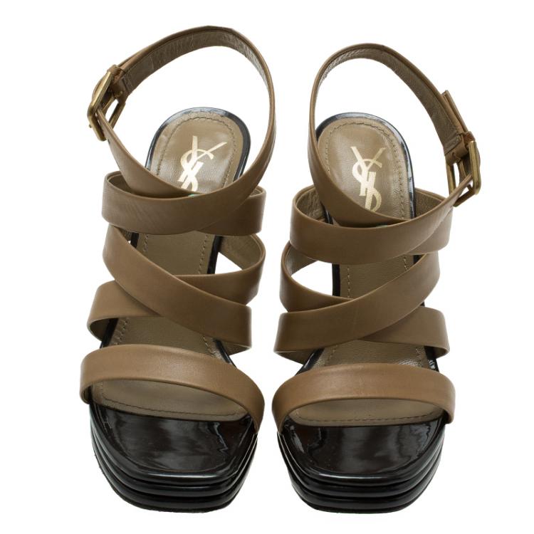 Pre Owned Saint Laurent Paris Beige Leather Montaig 105 Strappy Sandals 38.5