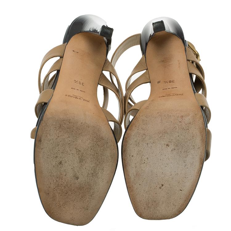 Pre Owned Saint Laurent Paris Beige Leather Montaig 105 Strappy Sandals 38.5