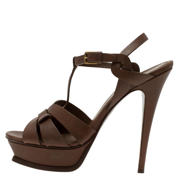 Pre Owned Saint Laurent Paris Brown Leather Tribute Platform Sandals Size 40.5