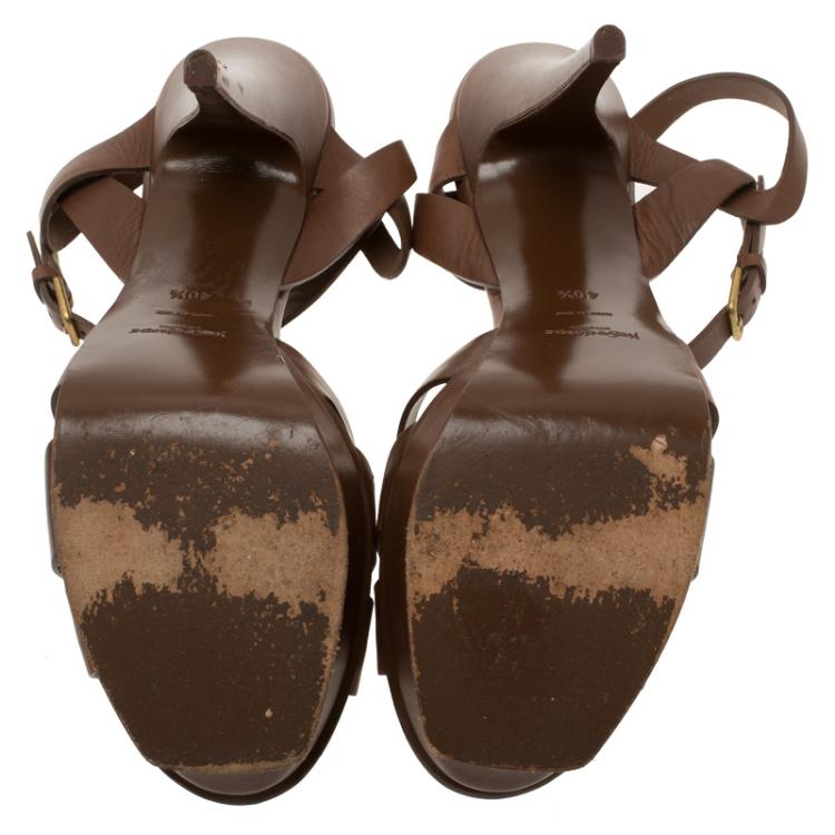 Pre Owned Saint Laurent Paris Brown Leather Tribute Platform Sandals Size 40.5