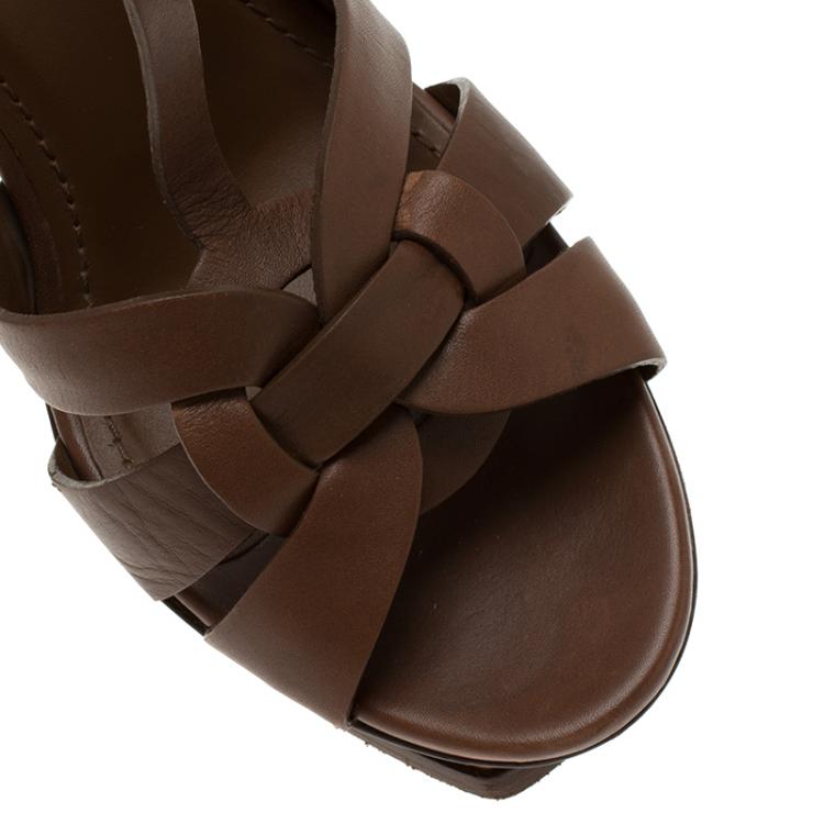 Pre Owned Saint Laurent Paris Brown Leather Tribute Platform Sandals Size 40.5