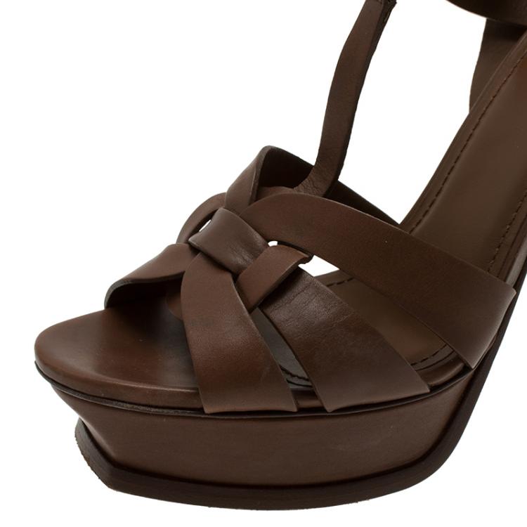 Pre Owned Saint Laurent Paris Brown Leather Tribute Platform Sandals Size 40.5