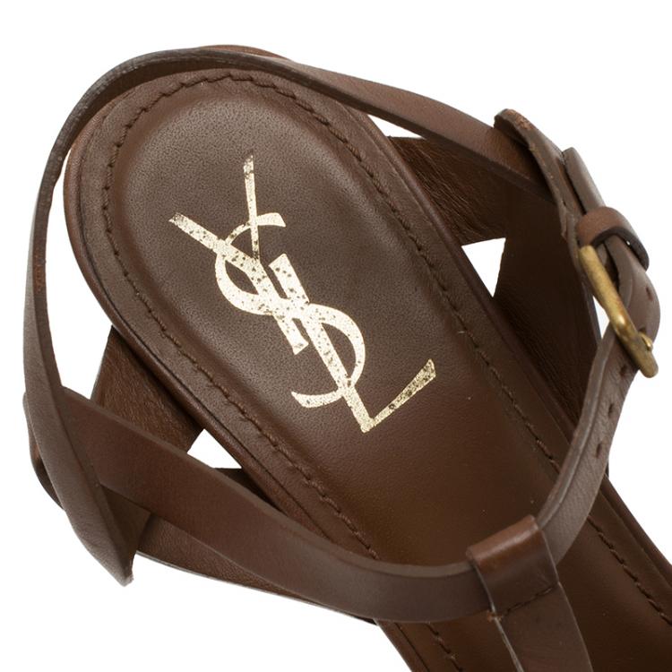 Pre Owned Saint Laurent Paris Brown Leather Tribute Platform Sandals Size 40.5